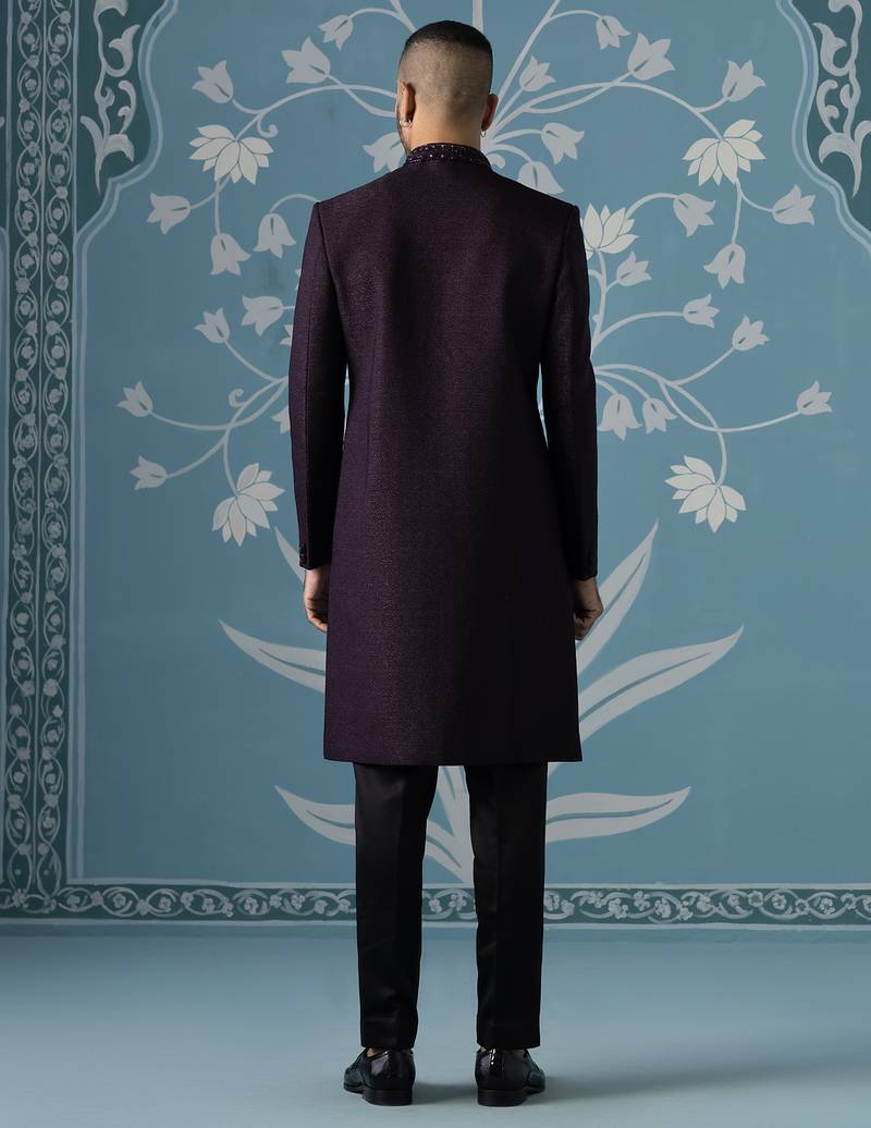 Wine embroidered jacquard sherwani