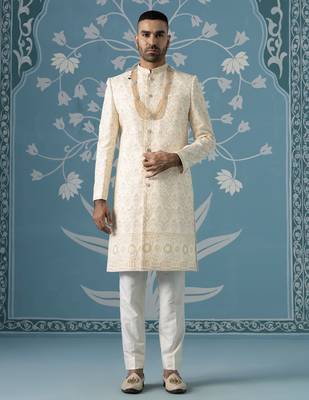 White embroidered cotton sherwani 1