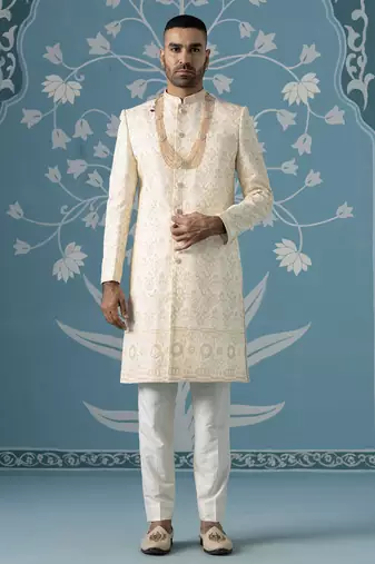 White embroidered cotton sherwani