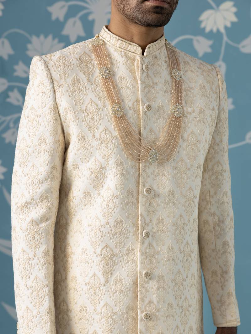 White embroidered cotton sherwani