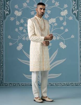 White embroidered cotton sherwani 3