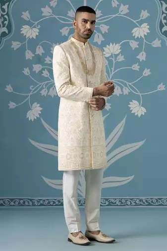 White embroidered cotton sherwani