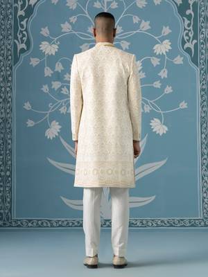 White embroidered cotton sherwani 4