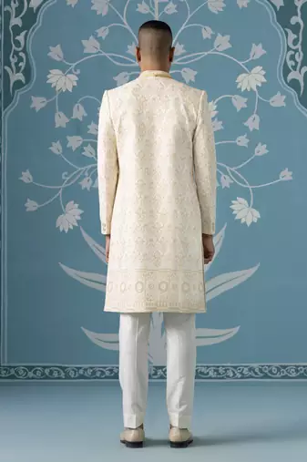 White embroidered cotton sherwani