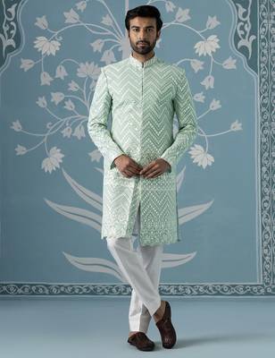 Green embroidered georgette sherwani 1