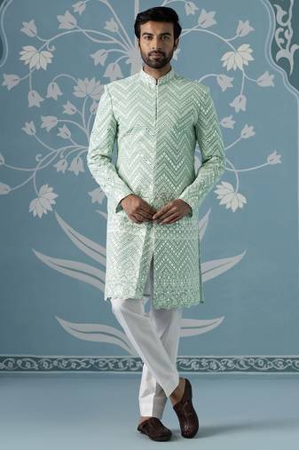 Green embroidered georgette sherwani
