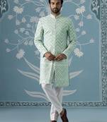 Green embroidered georgette sherwani