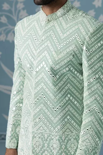 Green embroidered georgette sherwani