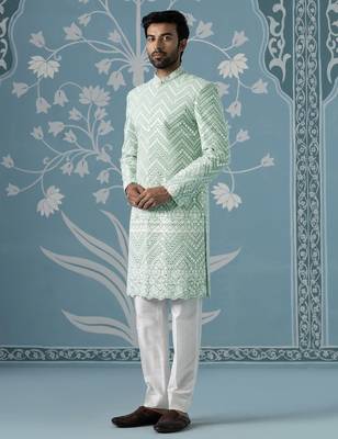 Green embroidered georgette sherwani 3