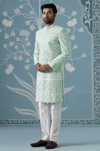 Green embroidered georgette sherwani