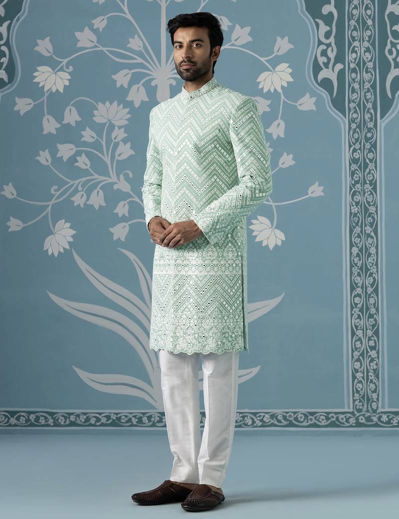 Green embroidered georgette sherwani