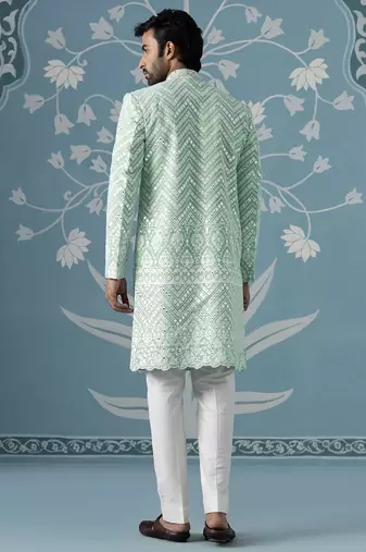 Green embroidered georgette sherwani