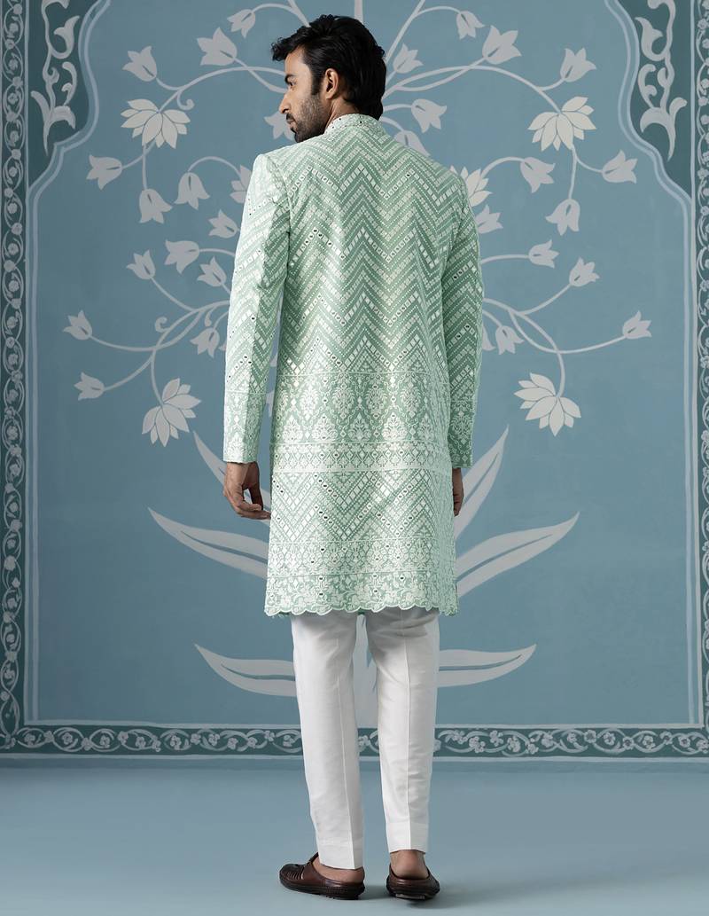 Green embroidered georgette sherwani