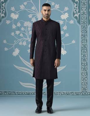Purple self design silk sherwani 1