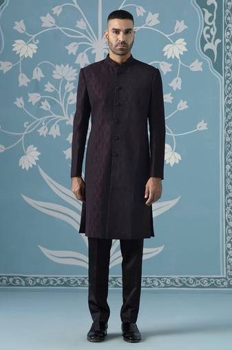 Purple self design silk sherwani