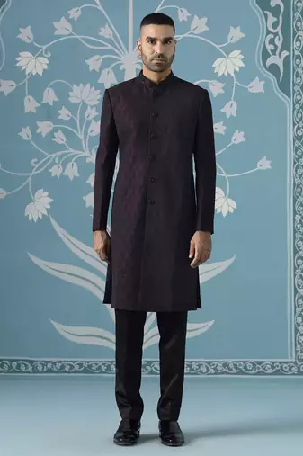 Purple self design silk sherwani