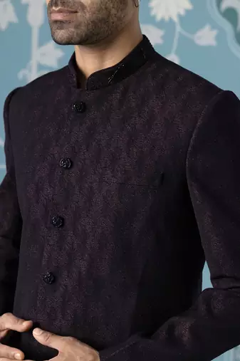 Purple self design silk sherwani
