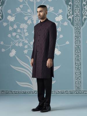 Purple self design silk sherwani 3
