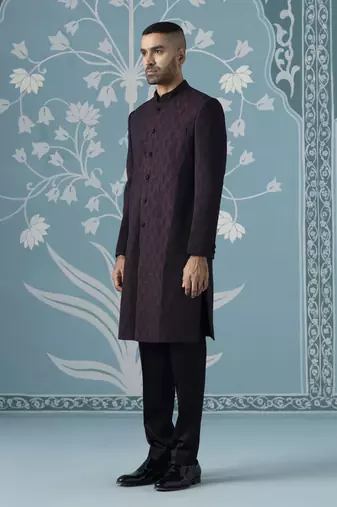 Purple self design silk sherwani