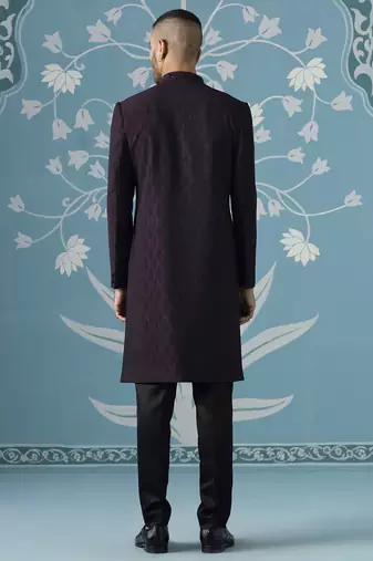 Purple self design silk sherwani