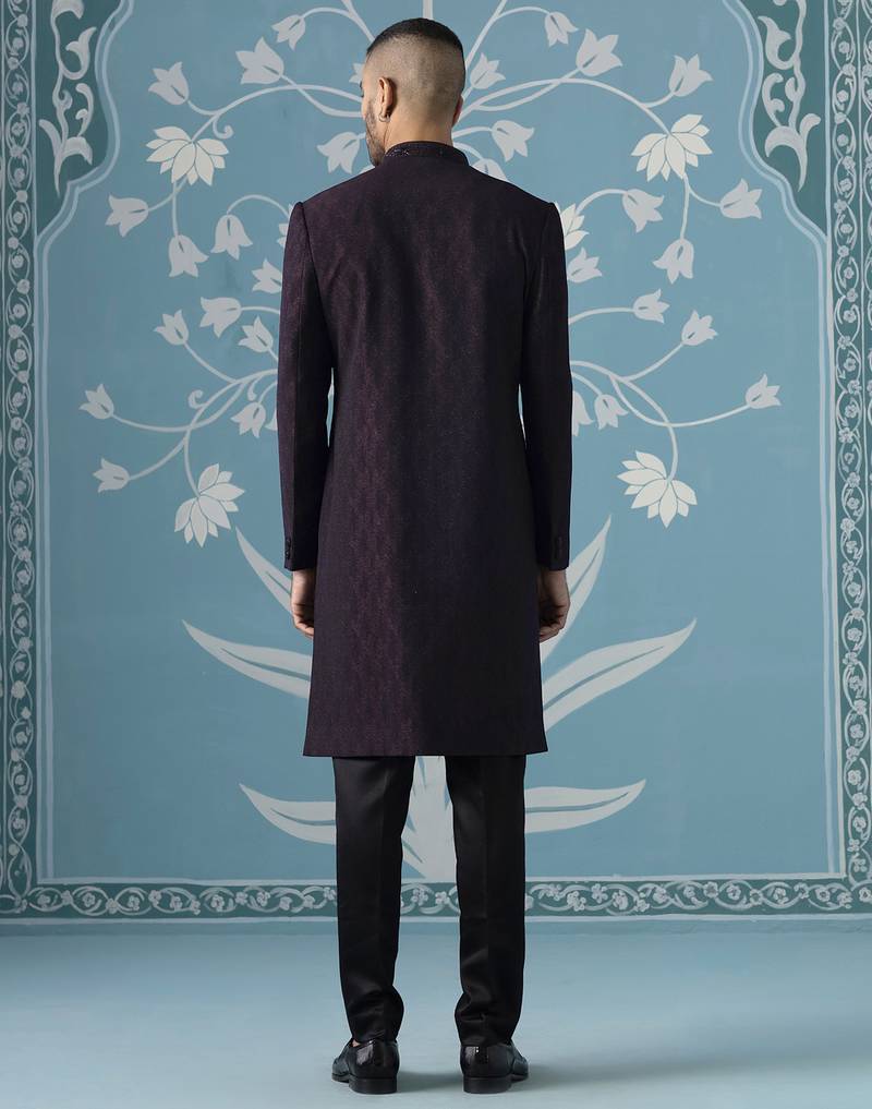 Purple self design silk sherwani