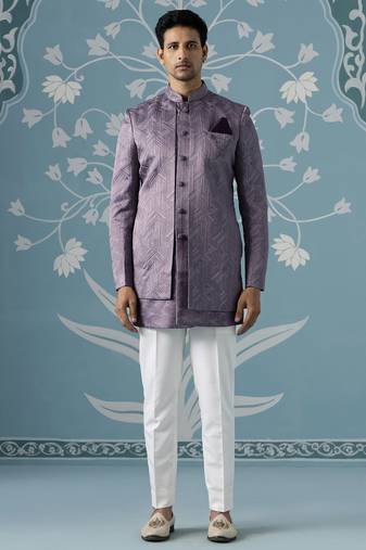 Purple self design silk indo western