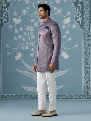 Purple self design silk indo western 3