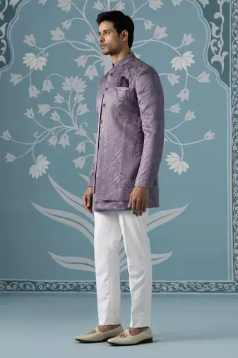 Purple self design silk indo western