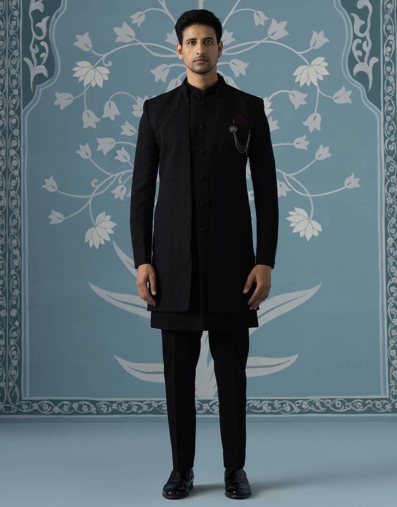 Black self design cotton indo western