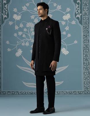 Black self design cotton indo western 3