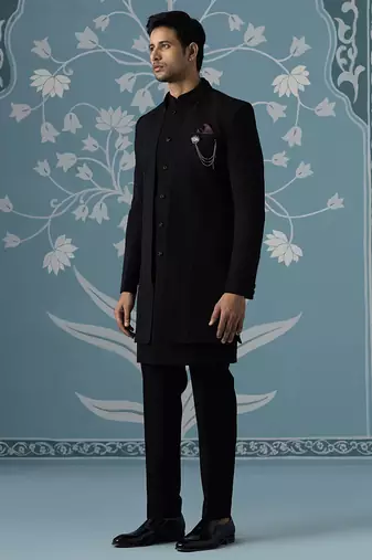 Black self design cotton indo western