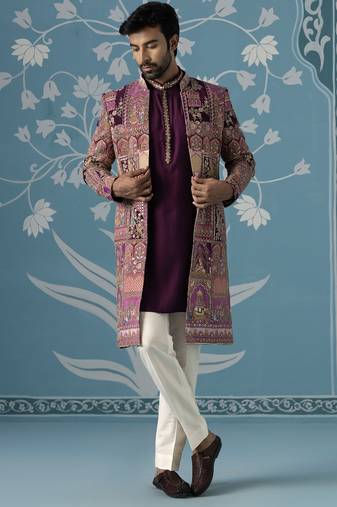 Purple embroidered polyester indo western
