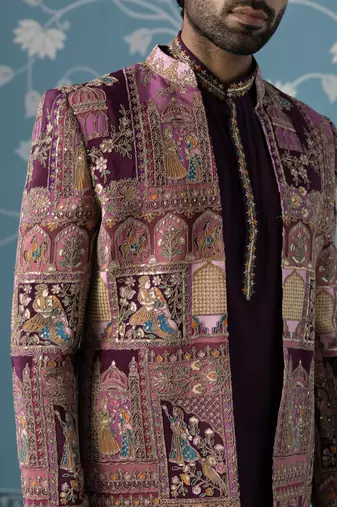 Purple embroidered polyester indo western