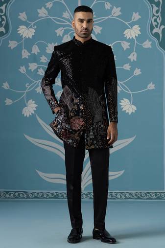 Black embroidered velvet sherwani
