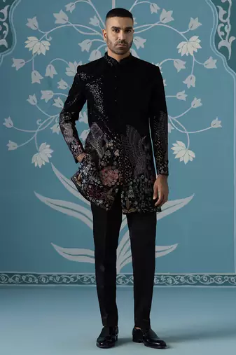 Black embroidered velvet sherwani