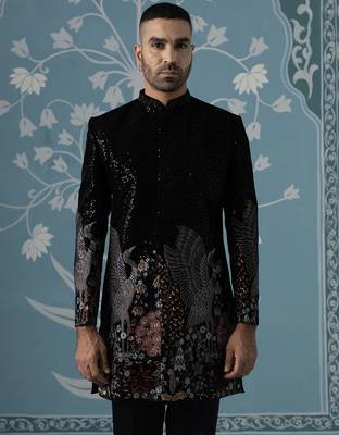 Black embroidered velvet sherwani 2