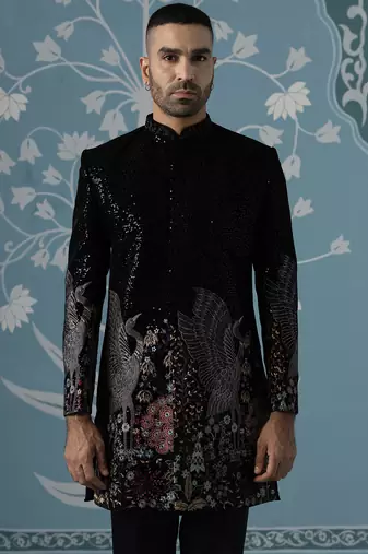 Black embroidered velvet sherwani