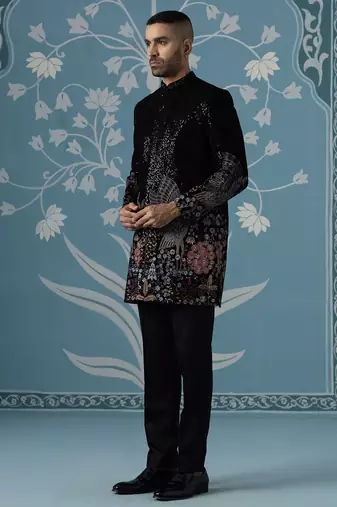 Black embroidered velvet sherwani