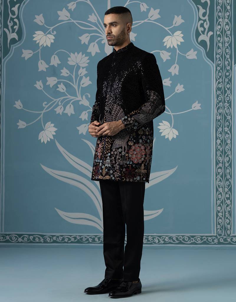 Black embroidered velvet sherwani