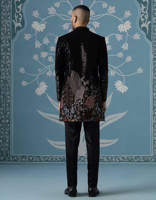 Black embroidered velvet sherwani 4