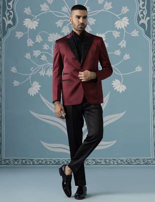 Maroon embroidered luxury blazer set 1