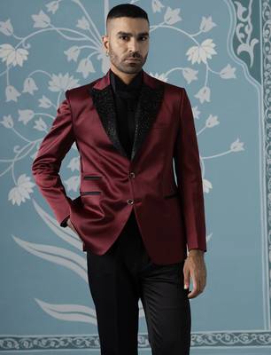 Maroon embroidered luxury blazer set 2