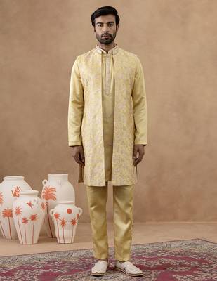 Yellow long bundi kurta set 1