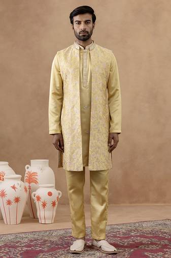 Yellow long bundi kurta set