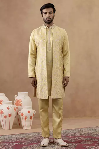 Yellow long bundi kurta set