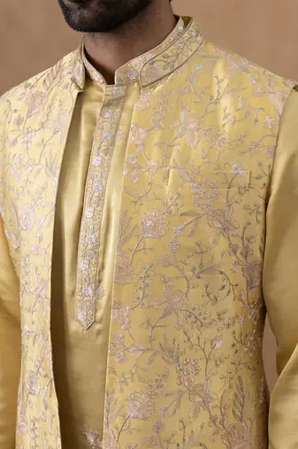 Yellow long bundi kurta set