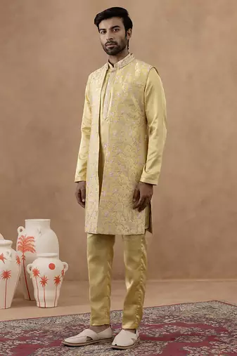Yellow long bundi kurta set