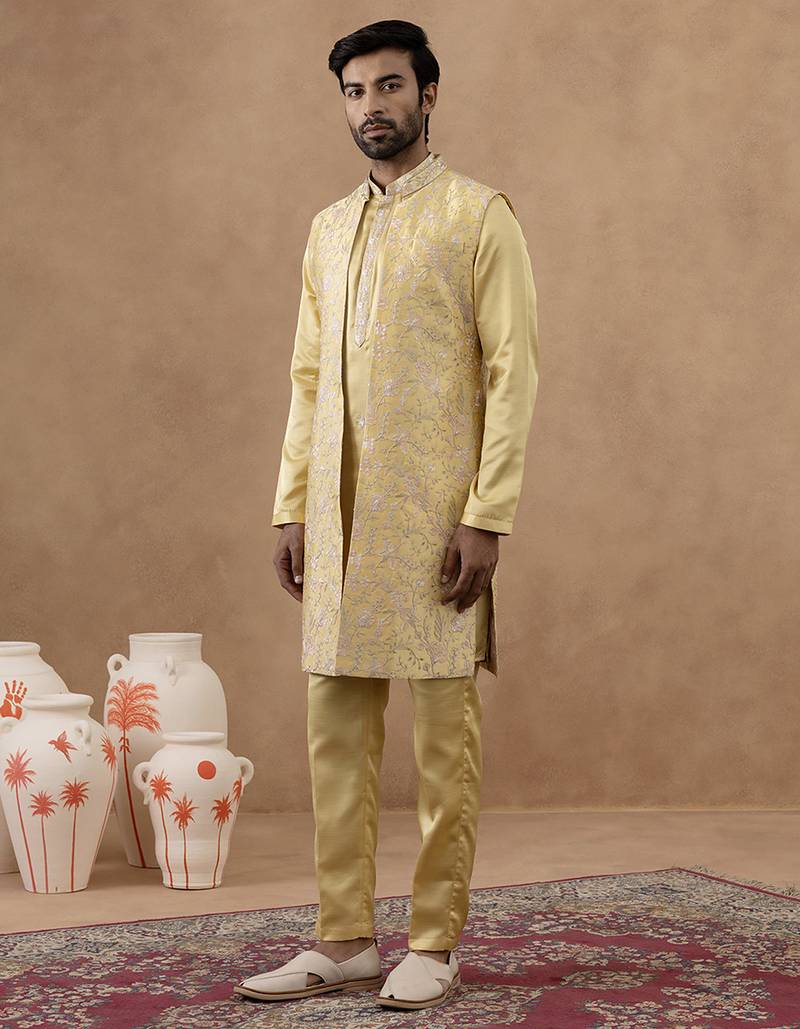 Yellow long bundi kurta set