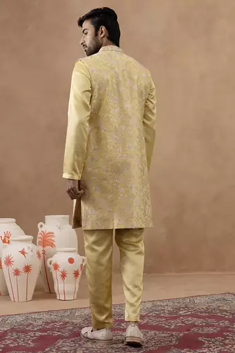 Yellow long bundi kurta set