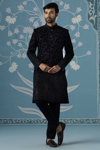 Black embroidered velvet sherwani